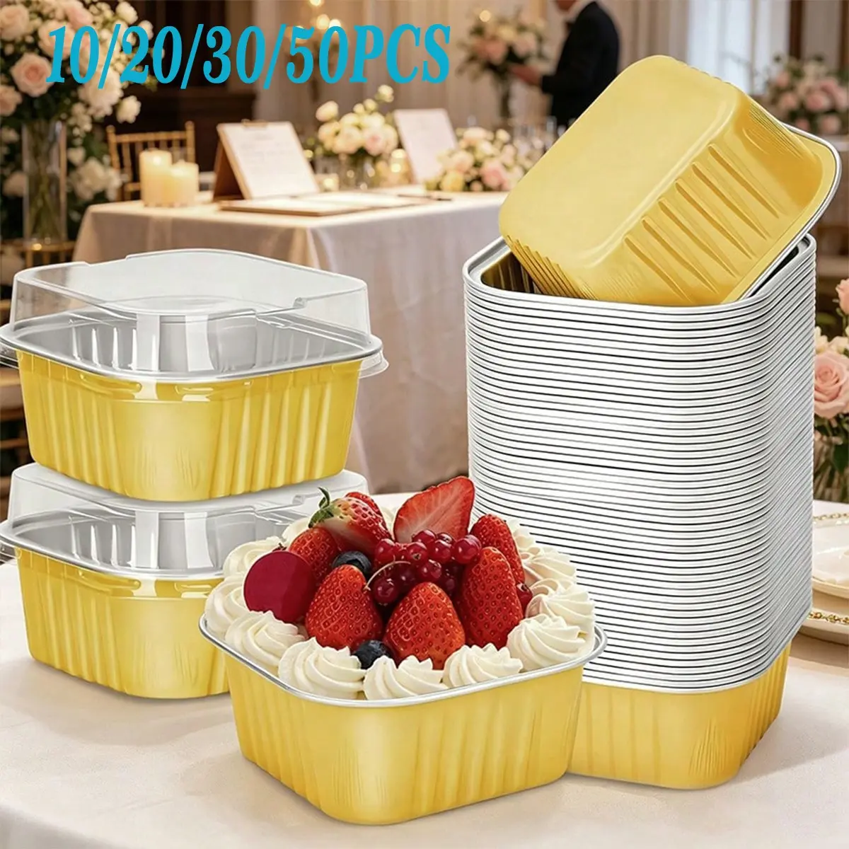 Mini Aluminum Foil Square Baking Cups with Lids, Reusable Cake Pans for Brownies, Cheesecake, Weddings, Birthdays, Parties