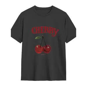 Women's Dark-colored Casual Cherry Graphic T-Shirt - Happy Women Tee with Red Lettering & Stem Print, Everyday Casual Top for Women, Machine Washable Non-Stretch Shirt for Everyday & Special Occasions, Seasonal Fashion, Playful Design, Comfortable Fit