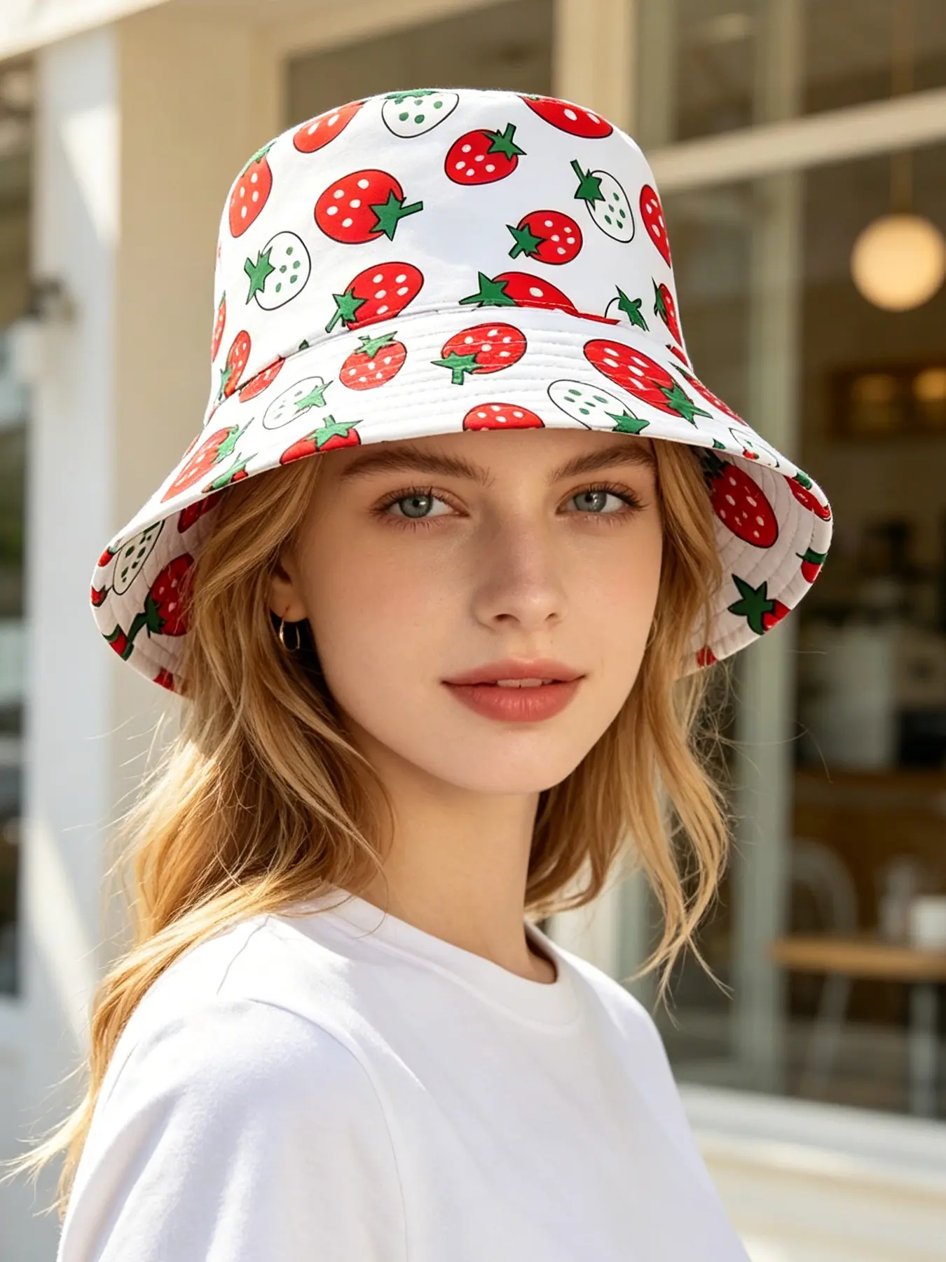Cute Preppy Style Strawberry Print Fisherman Hat, Slimming Loose Fit, Sun Protection, Perfect for Summer, Versatile Fashion Accessory, Strawberry Pattern