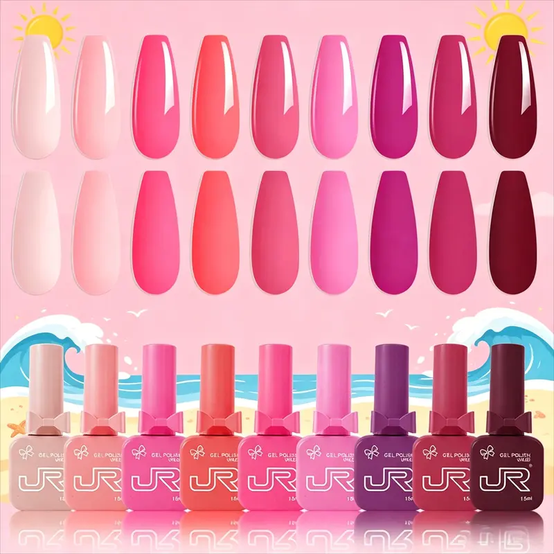 9colors JR 15ml gel polish kit Novice suit Gel Nail Polish Set - Long Lasting Pink Red nude blue color nail polish Soak Off Removable UV LED Cured Salon & Home DIY Manicure Kit Nail Care Nail Art for beginners women Nail Products