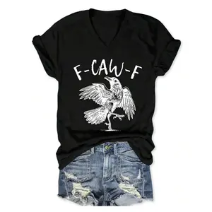 Women'S F CAW F2 Letter Crow Print T-Shirt - Green V-Neck Short Sleeve Casual Top With Crow & Lettering, All, Birthday Easter Mother's Day Gift, Black Casual Short-Sleeved Crew Neck T-Shirt For Women