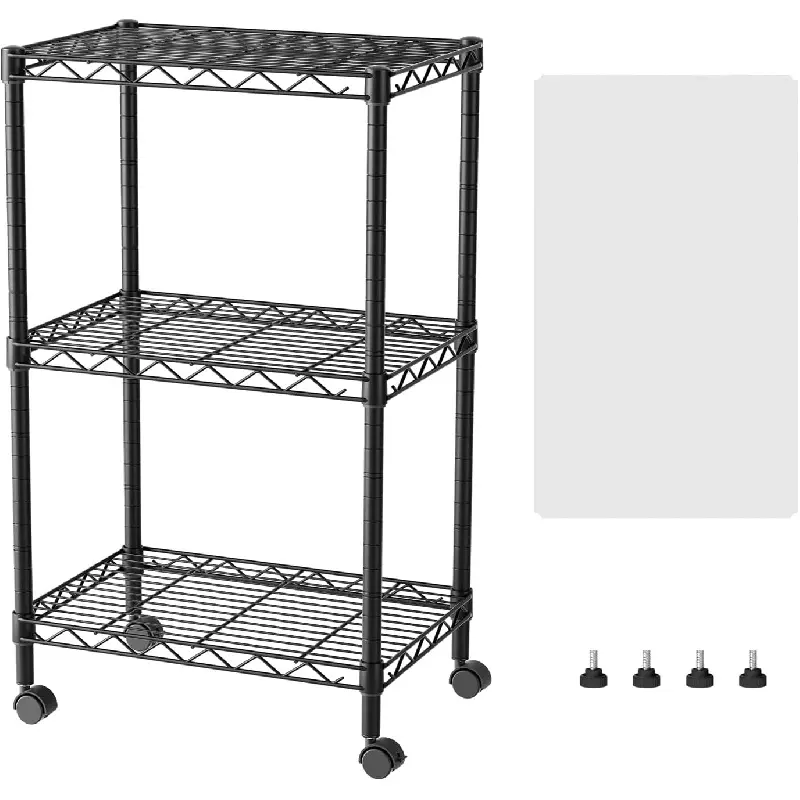 3 Small Shelves Storage Shelf Wire Shelving Unit Metal Shelf Adjustable Organizers Storage Shelving with Wheels for Bathroom Laundry Room Kitchen Pantry11.5"D x 17.5"W x 30.5"H Black