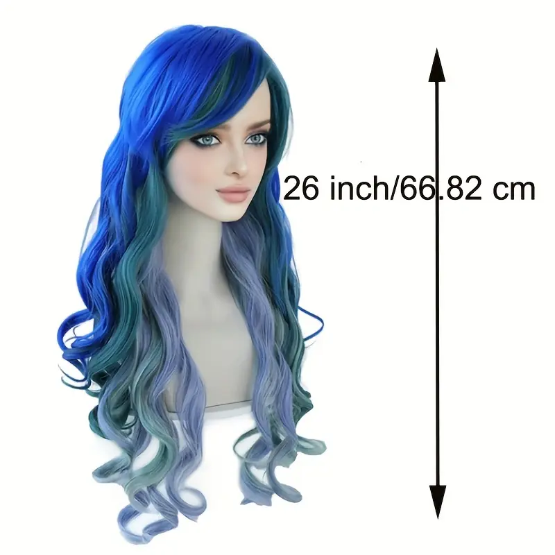 Female 250g Mermaid-Inspired Long Ombre Curls Blue-Green Wig with Bangs - Adjustable Heat-Resistant Synthetic Hair, Easy Washing, No Damage to Hair, for Halloween, Cosplay Parties