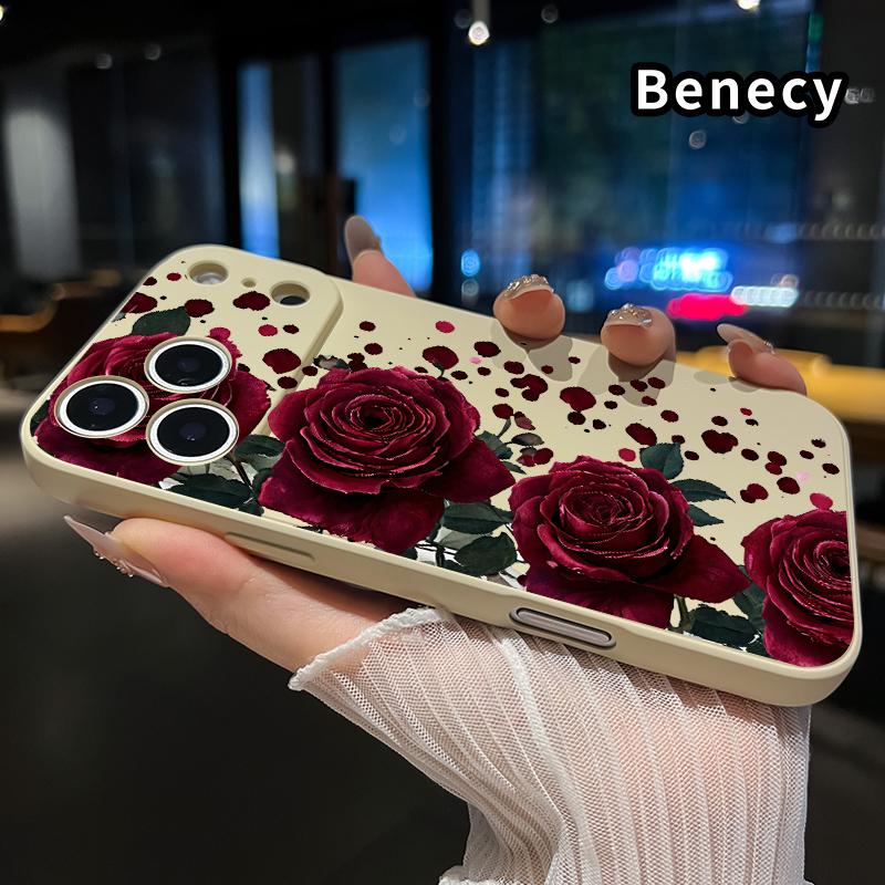 Straight Edge Phone Case for iPhone 17 15 16 14 Pro Max 13 12 11 XR XS Plus Air E Blooming Ruby Roses Pattern Drop Protection Shockproof Soft Liquid Silicone Smartphone Cover