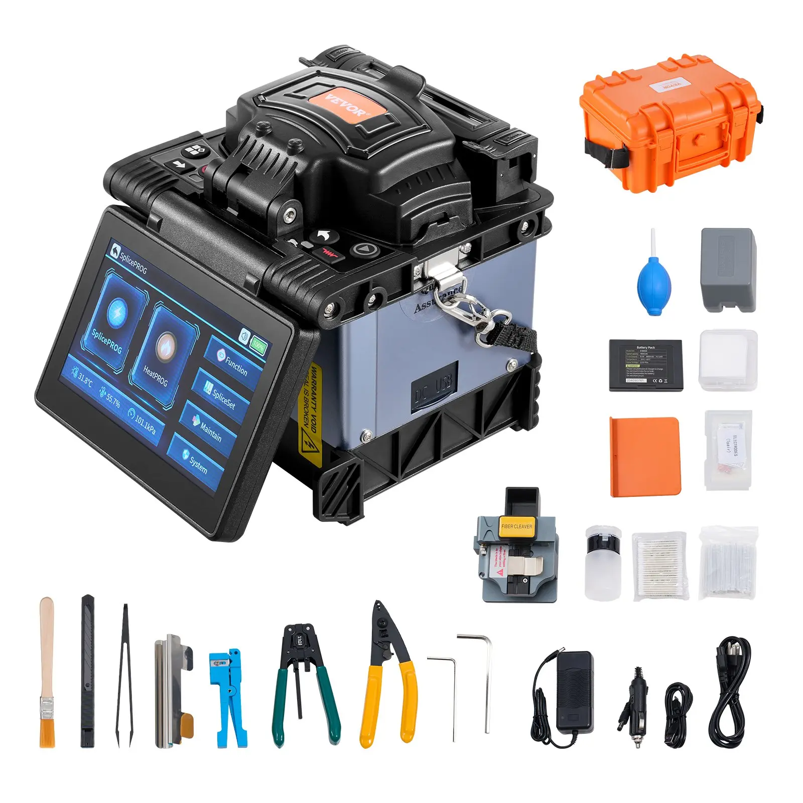 【DealsForYouDays】VEVOR Fiber Fusion Splicer 6 Motors, Core Alignment Fiber Optic Splicer 6s Splicing 13s Heating, Fiber Splicer Machine with 5" Touch Screen, 3 in 1 Fiber Holder, 7800mAh Battery for SM MM DS NZDS