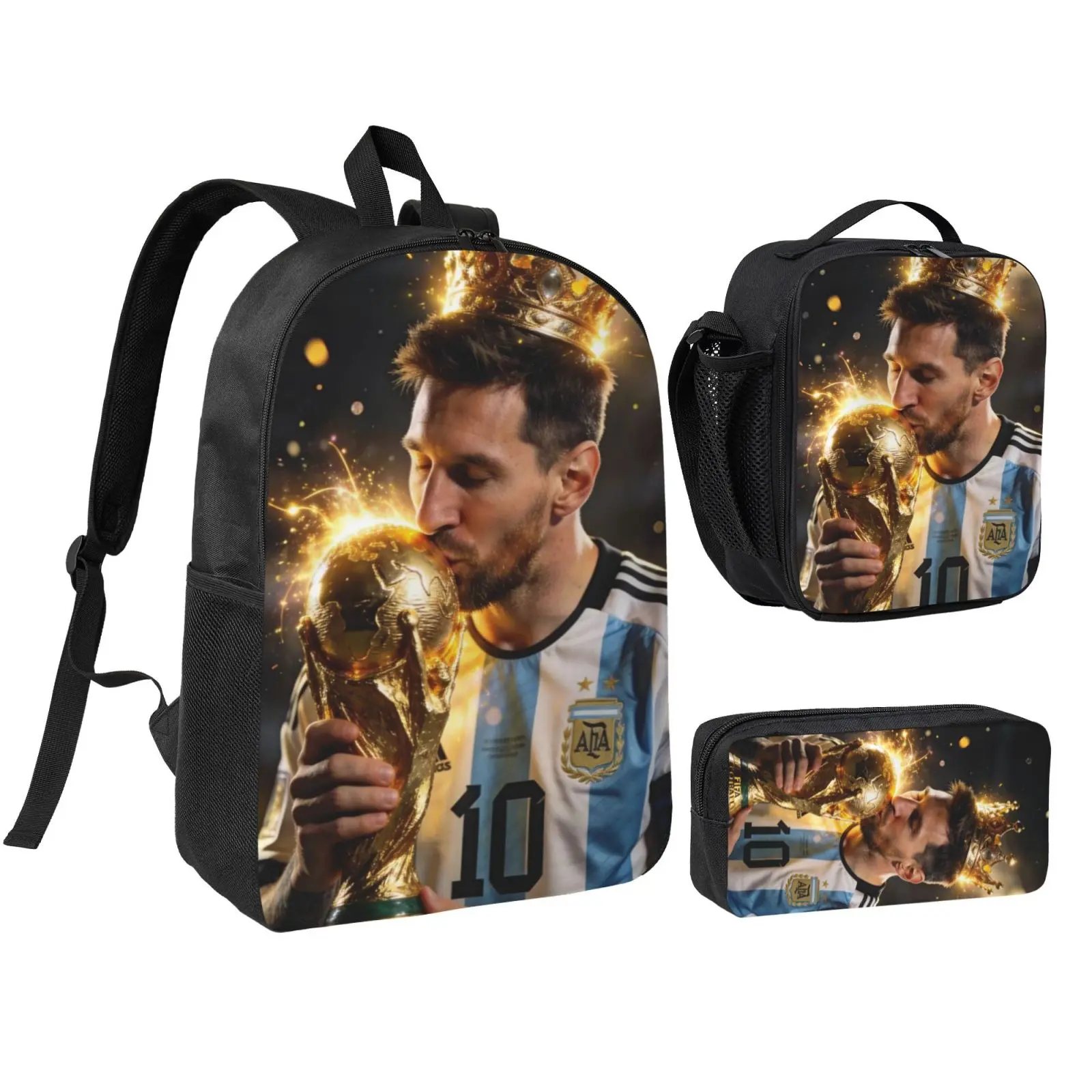 Unisex Anime Messi Image 3-Pcs School Backpack Set for Teens, Polyester Cute Print Kids Bookbag with Adjustable Straps, Insulated Lunch Bag & Pencil Case, Lightweight Waterproof Travel Daypack, School/Travel