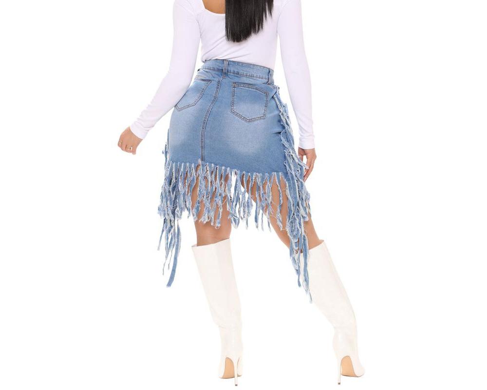 2025 Fashion Trend Sexy Washed Denim Fringe High-Waisted Skirt-F