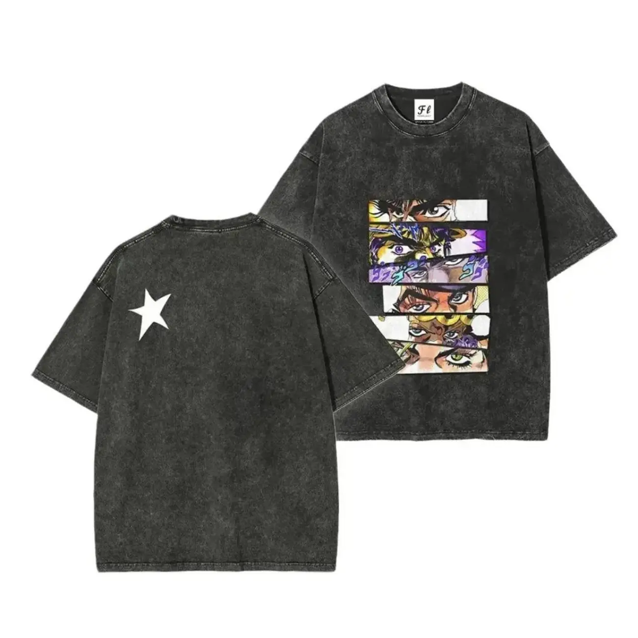 JoJo’s Bizarre Adventure Graphic Tee, Vintage Washed Cotton T-Shirt for Streetwear, Oversized T-Shirts Tee Retro Anime Summer Short Sleeve Top