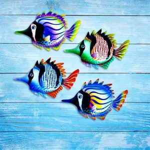 4 Pack Colorful Stripe Metal Tropical Fish Wall Decor, Nautical Ocean Fish Metal Wall Art, Hanging Ornaments for Bathroom Pool Patio Beach Home