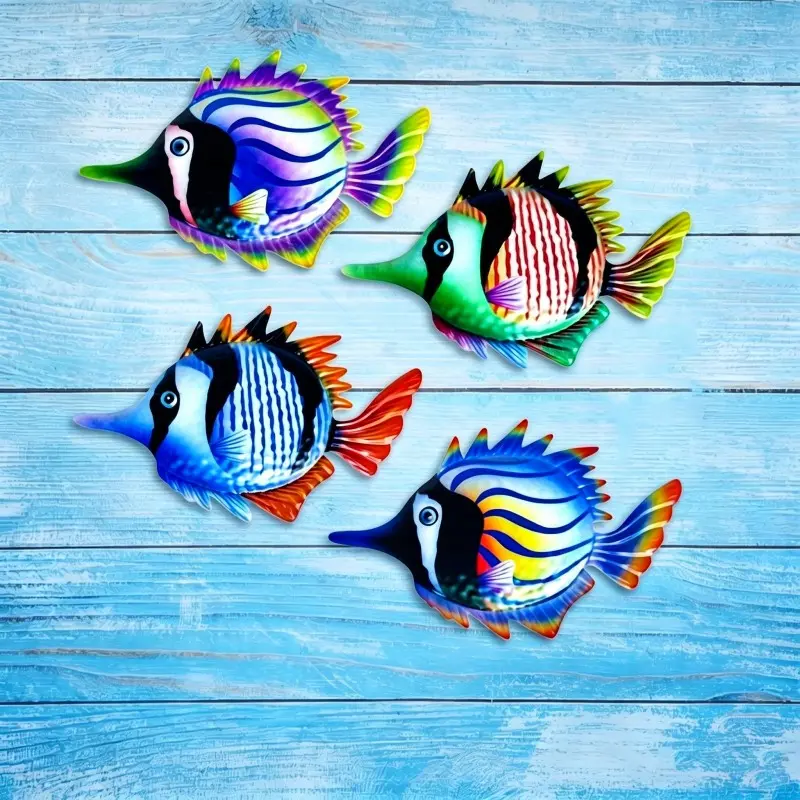 4 Pack Set Boho Artistic Colorful Stripe Metal Tropical Fish Wall Decor, Nautical Ocean Fish Metal Wall Art, Hanging Ornaments for Bathroom Pool Patio Beach Home