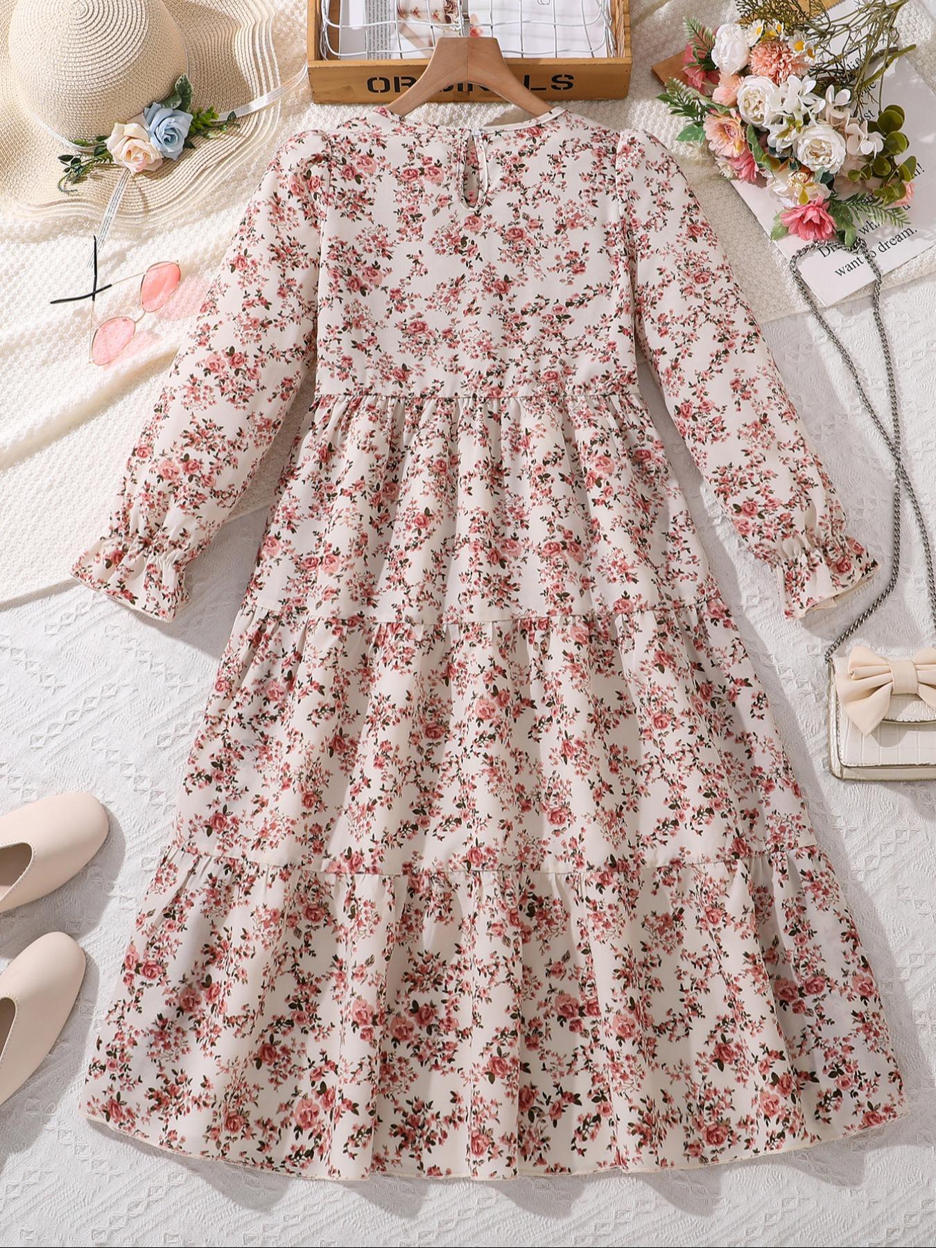 Girls Floral Print Round Neck Long Sleeve Dress, Comfortable Sweet Elegant  Style, All over Print, Fall & Winter Fashion, Ditsy Floral Dress - TikTok  Shop
