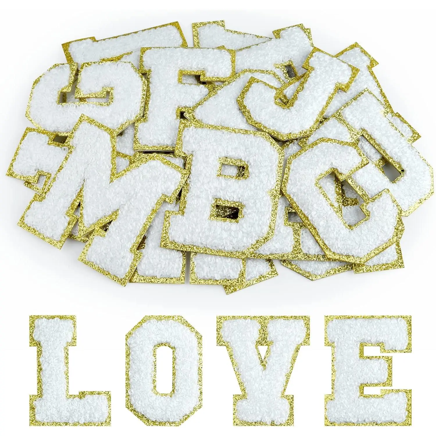 26Pcs Self-Adhesive Alphabetic Chenille Letter Patches (A-Z Set), Letter Shapes for DIY Projects, Clothing/Bags, Office Stationery Decor (White)