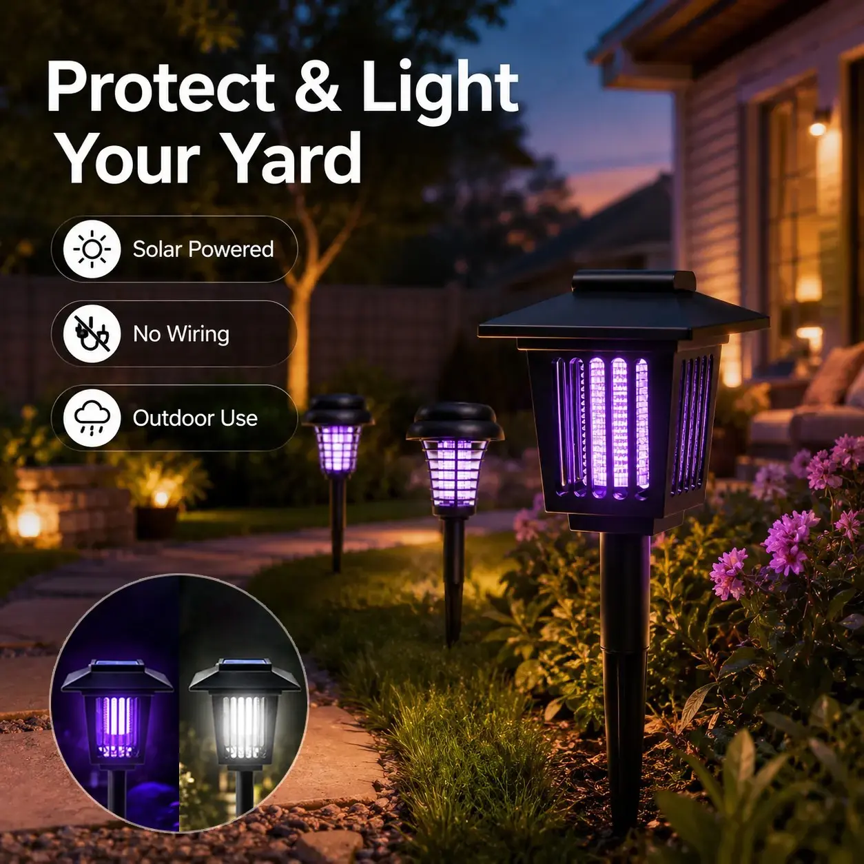 Solar Mosquito Zapper Light, Outdoor Garden Stake Lamp, UV Insect Killer, Solar Powered, Dual Mode (Mosquito Control + Pathway Lighting), Weather Resistant, Easy Setup, Small & Large Round + Square Options