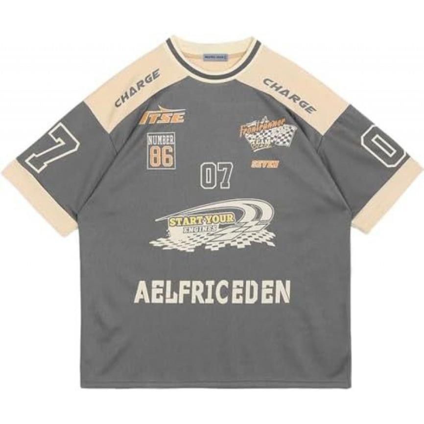 Aelfric Eden Contrast Color Racing Tee Knitted Fabric Streetwear For Men Y2k Vintage Motorsport Jersey Oversized Casual Top For Daily Wear Party Street Skateboarding Hip Hop For Young Adults Teens Street Style Lovers