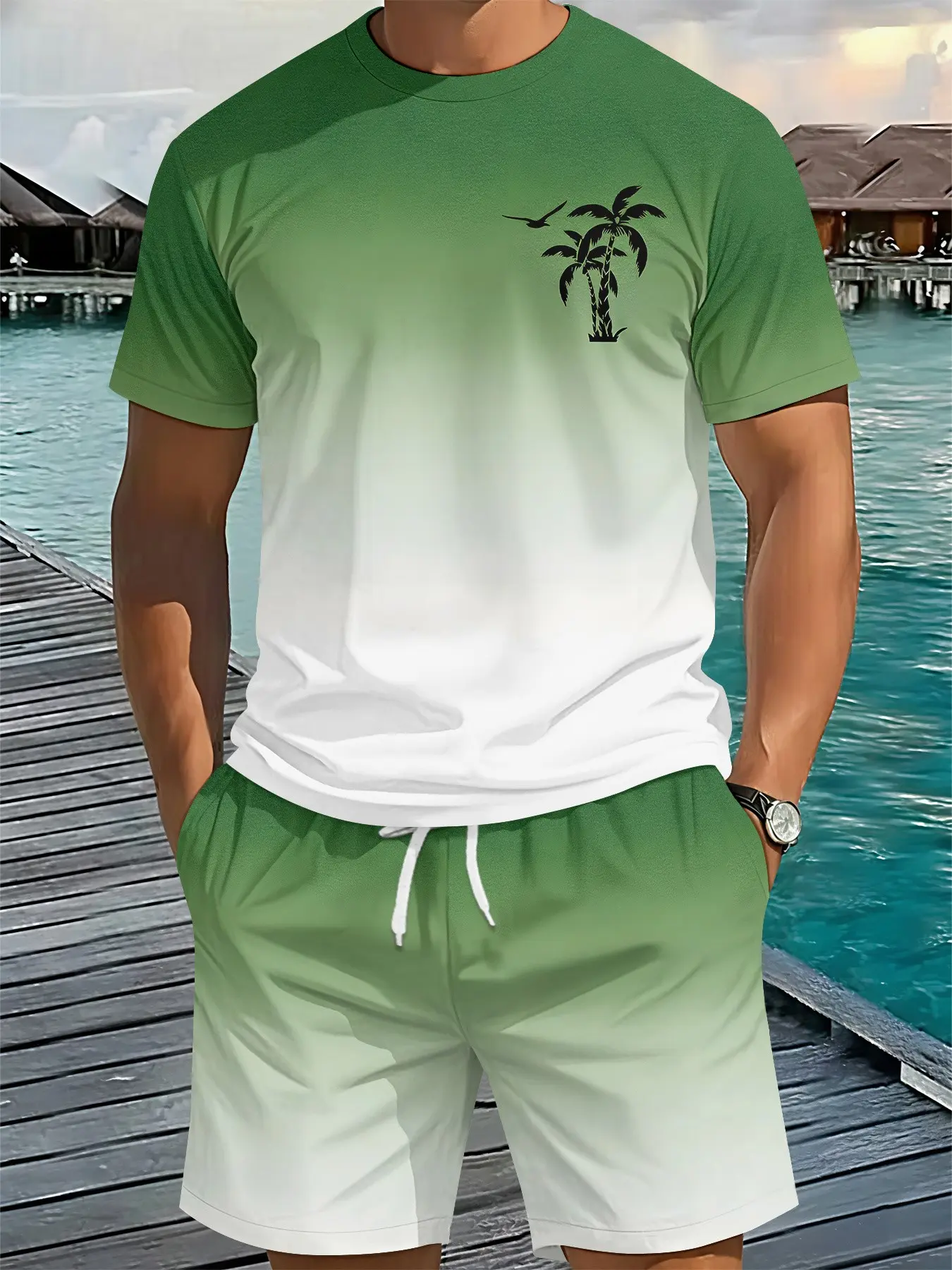 Men Gradient Palm Tree Print 2 Piece Outfit, Crew Neck Short Sleeve T-Shirt & Drawstring Shorts Summer Beach Matching suit