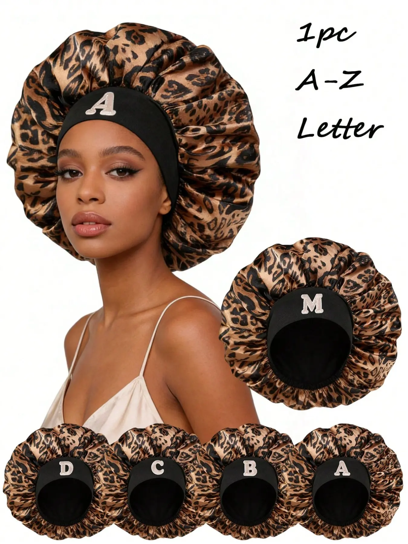 1PC Custom A‑Z Letter Satin Hair Bonnet, Bonnets For Sleeping, Leopard Print Sleep Cap, Overnight Hair Care Hat, Reduces Hair Friction, Curly Hair Night Routine, Hotel Travel Use, Thoughtful Custom Gift