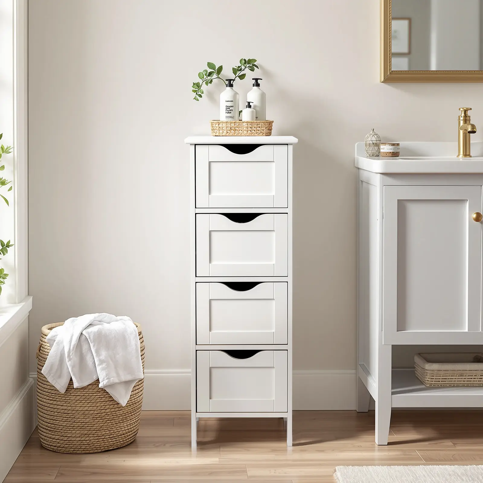 Slim 4 Drawer Bathroom Storage Cabinet, Narrow Freestanding P2 MDF Wood Tower, Water Resistant Organizer for Small Spaces, Toilet Side Bath Storage Furniture