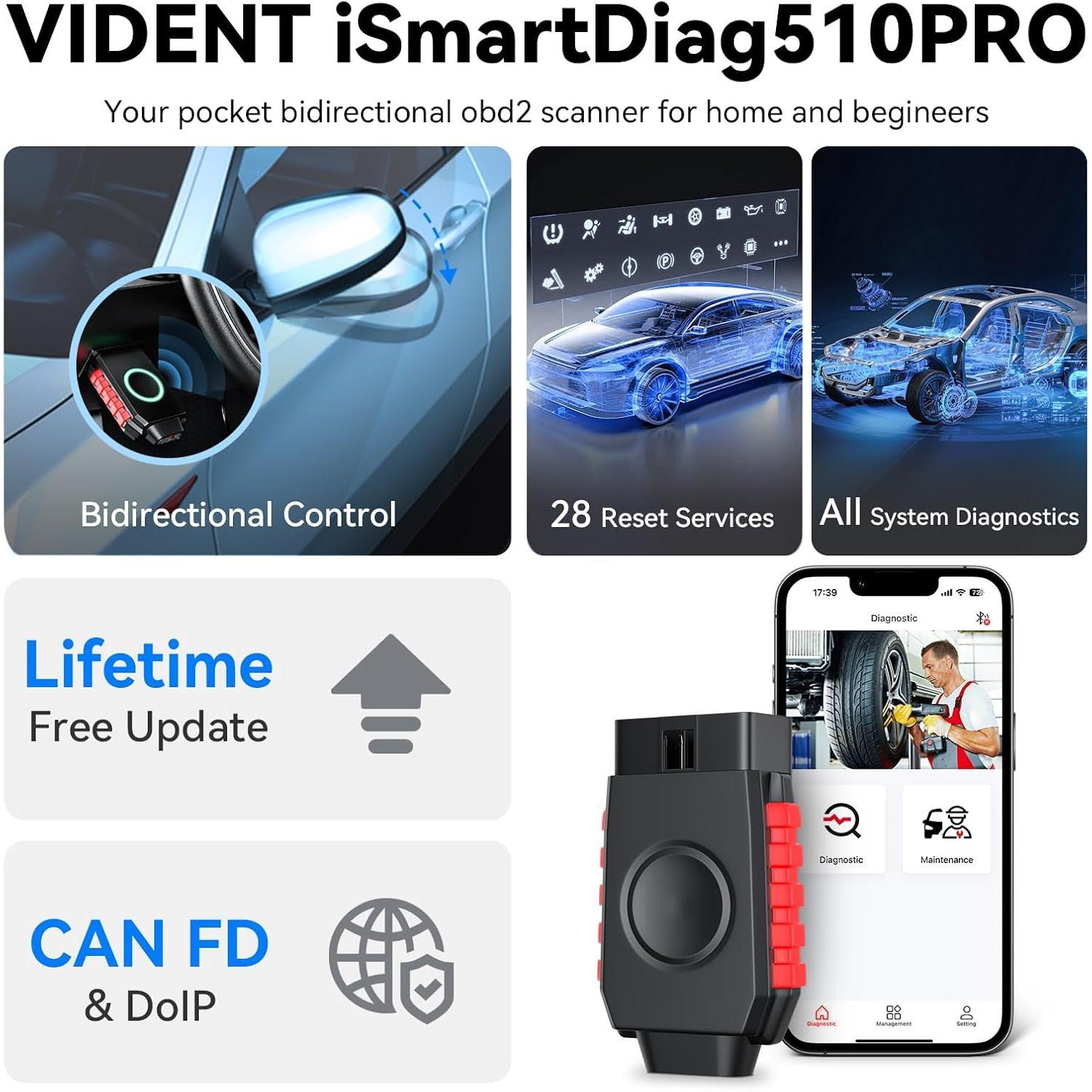 Bidirectional  OBD2 Scanner for iOS & Android,  iSmartDiag 510 PRO Scan Tool with Lifetime Updates, 28 Resets,  System Diagnostics, Throttle Relearn, ABS Bleeding, EPB, CAN FD for GM