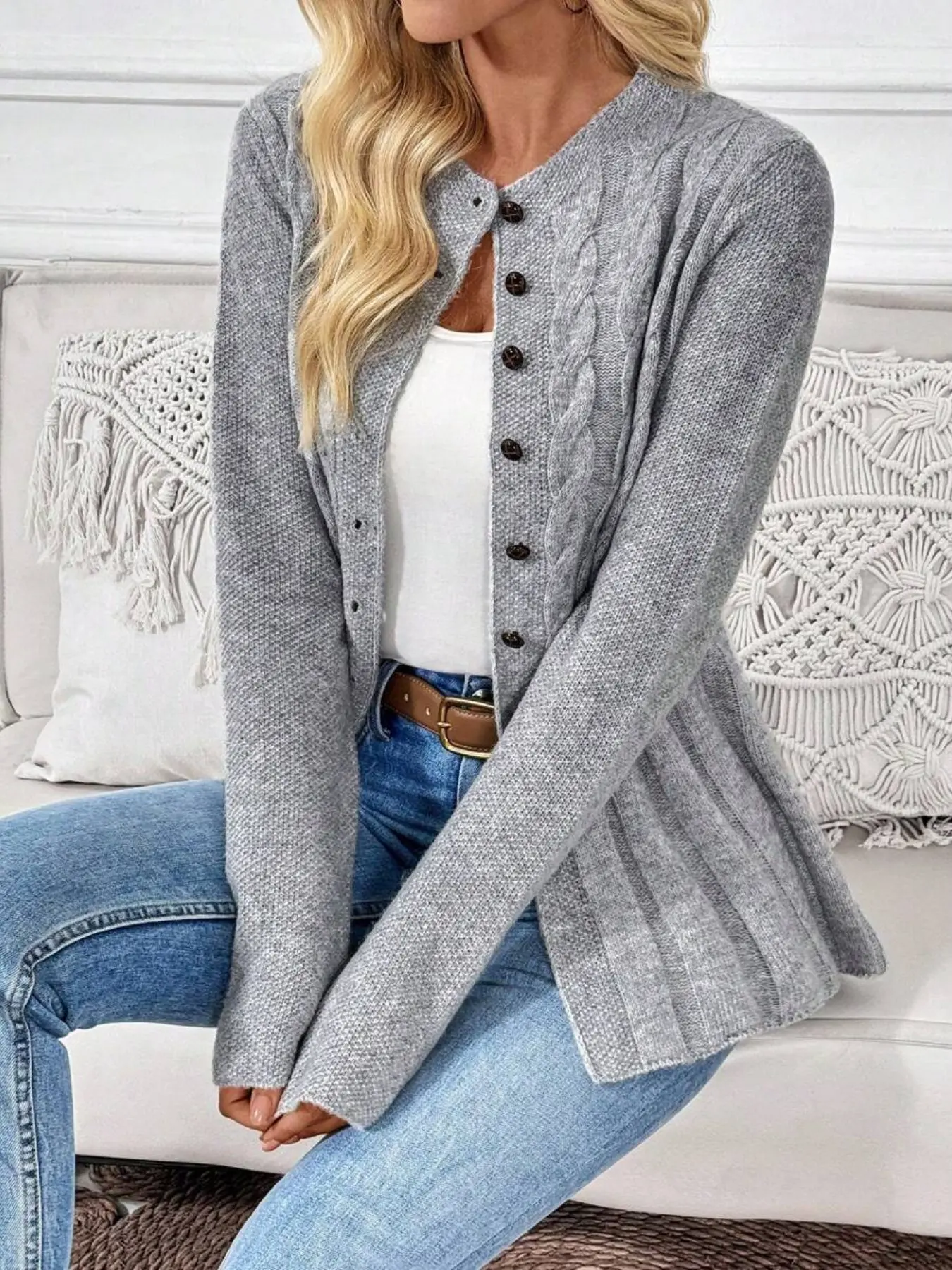 New Fall Winter Women's Solid Color Casual Long Sleeve Knit Cardigan, Unique Design Skirt Hem, Loose Fit Button Front, Round Neck, Elegant Fashion Knitwear
