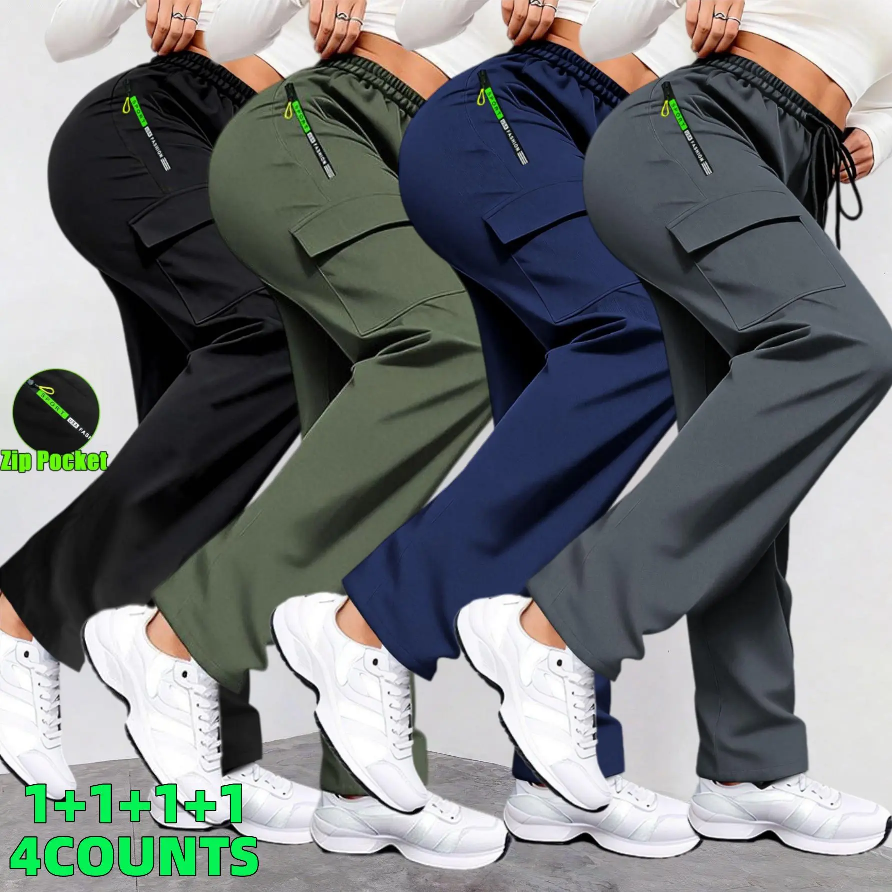Women's Elastic Drawstring Waist Lightweight Breathable Cargo Joggers, Straight Leg Zipper Pocket Athletic Cargo Trousers, Casual Streetwear Pants for Daily Outdoor Workout
