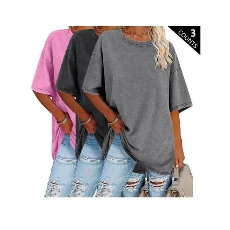 Women's 3-Count Vintage Washed 100% Cotton Round Neck Plain T-Shirts - Loose-Fit Basic Casual Summer Tops, Soft, Breathable, Lightweight, Foldable, Machine Washable, Valentine's Day Womenswear, Minimalist
