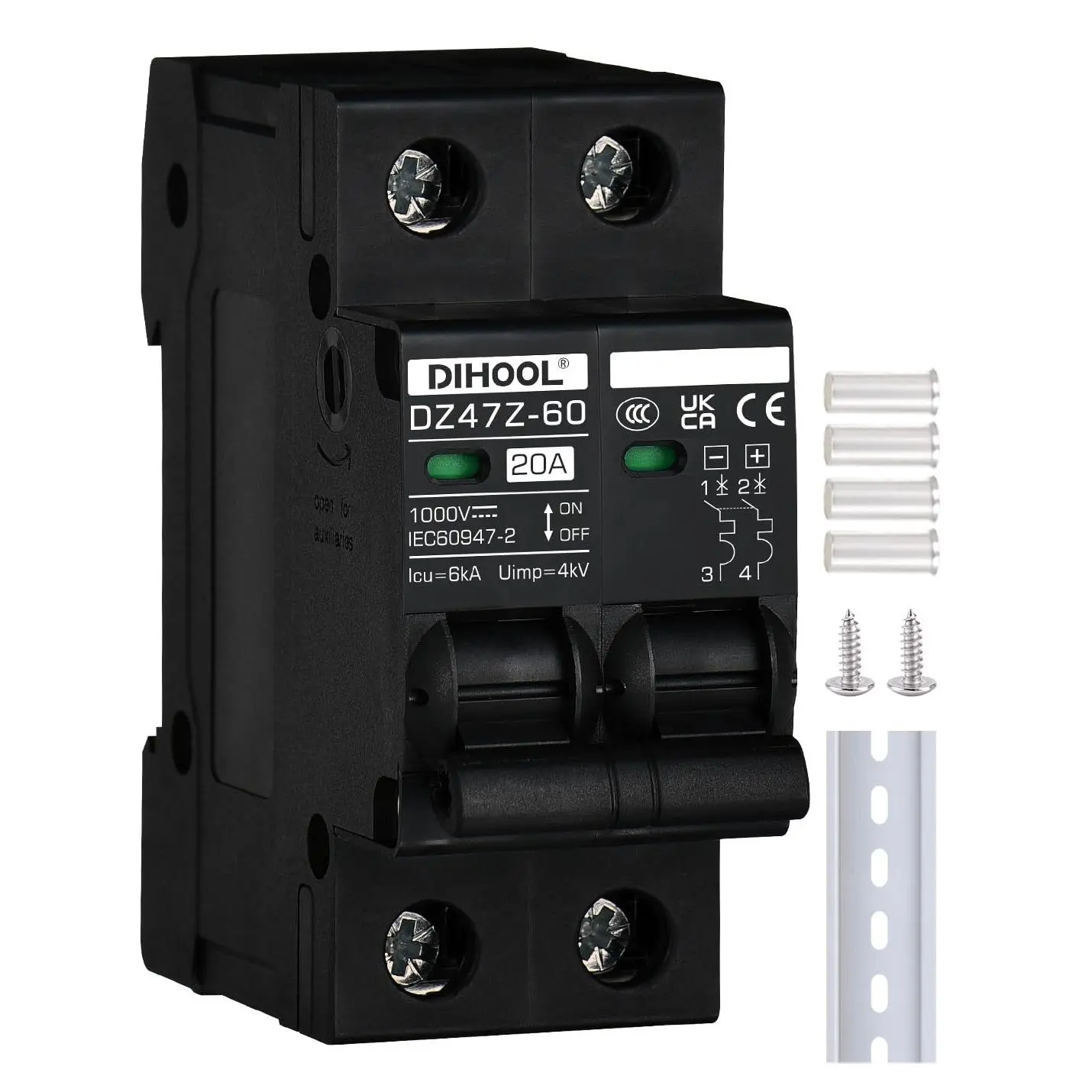 DC Circuit Breaker 20 Amp Solar Disconnect Switch 2P 1000V for PV, UPS, RV Battery,DIN Rail Mount