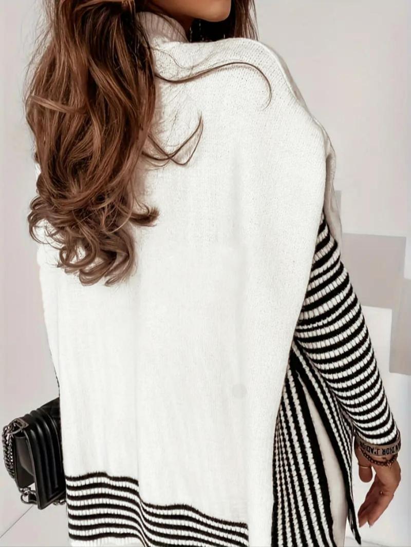 Women's Striped Patchwork Print Batwing Sleeve Split Hem Sweater, Casual Long Sleeve Mock Neck Jumper for Fall & Winter, Fashion Ladies' Knitwear for Daily Wear, Knit Pullover Top
