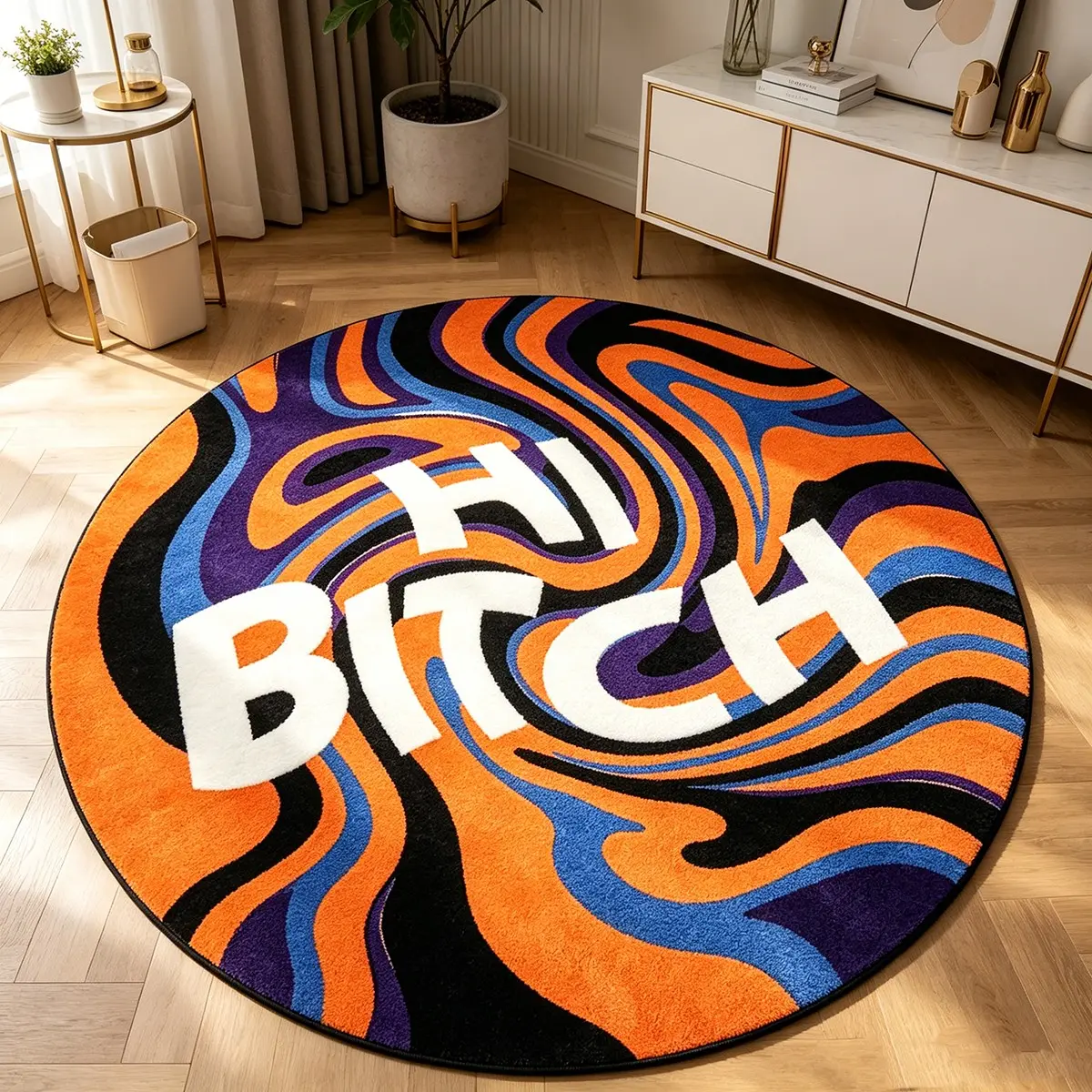 Aesthetic Y2K Swirl Round Short Pile Rug, Unique Wave Art Letter Fine Short Pile Non-Slip Indoor Carpet, Cool Trendy Home Decor Mat, Living Room Durable Anti-Shedding Floor Pad