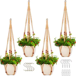 Macrame  Hanger Indoor Set, Planters for Indoor  Outdoor,  Holder Basket Pot with 8 Hooks,Boho  Decor Crochet Beads Window Ceiling,No Tassels 4 Pack,Brown