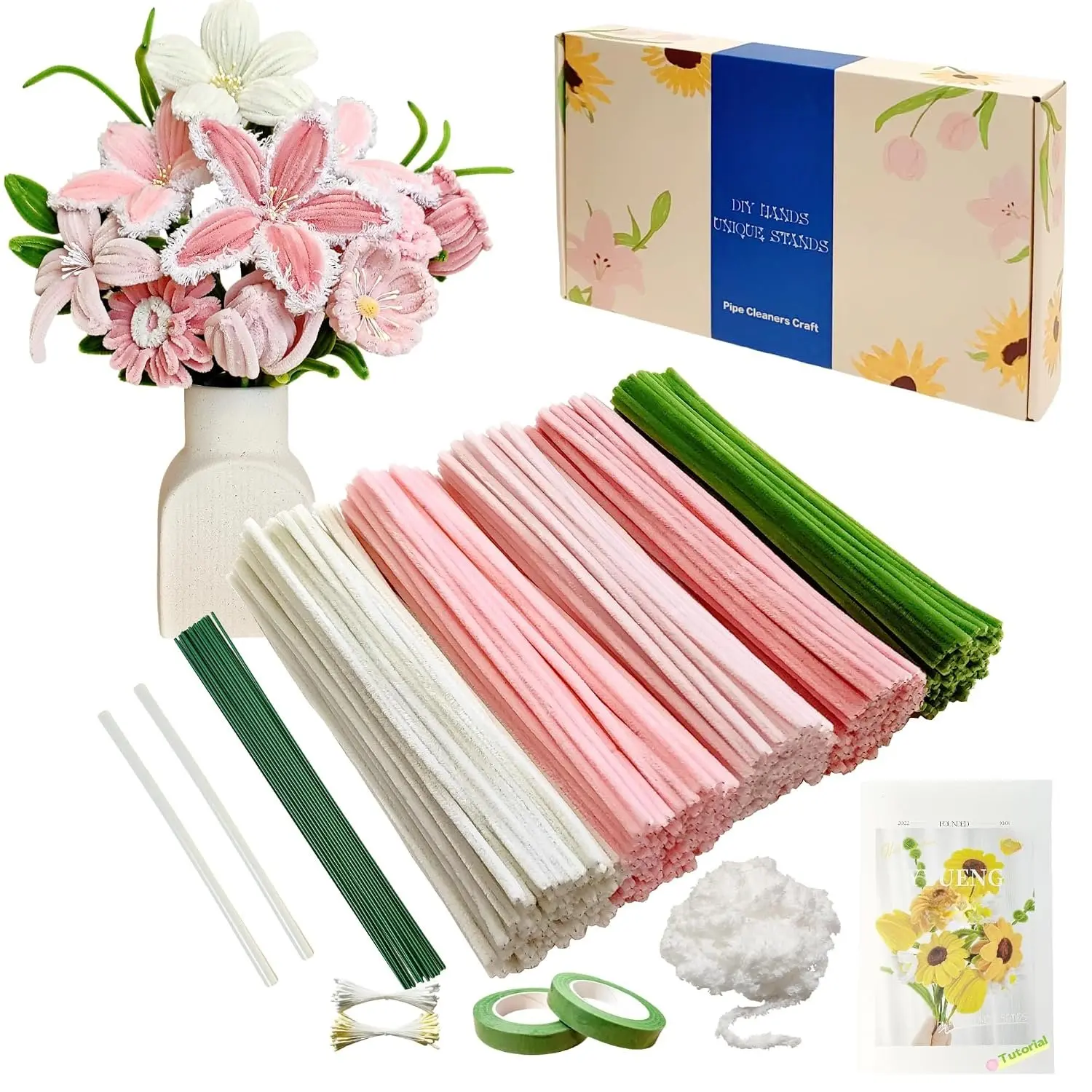 350 count  Pipe Cleaners Flower kit with tutoria, Yarn,Green Floral Wires,Gardening Tape,Stamen(2 Colors),Pipe Cleaners Craft,Chenille Stems for DIY Art Projects Creative  Decor