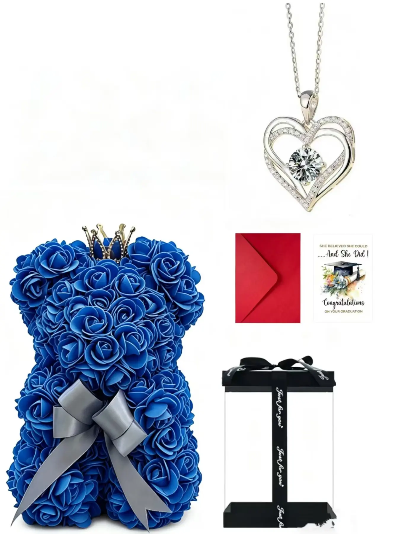 Graduation Season Handmade Crown Bear Necklace, Dual Heart Stone Pendant, Graduation Card Gift Box Set, Perfect Souvenir