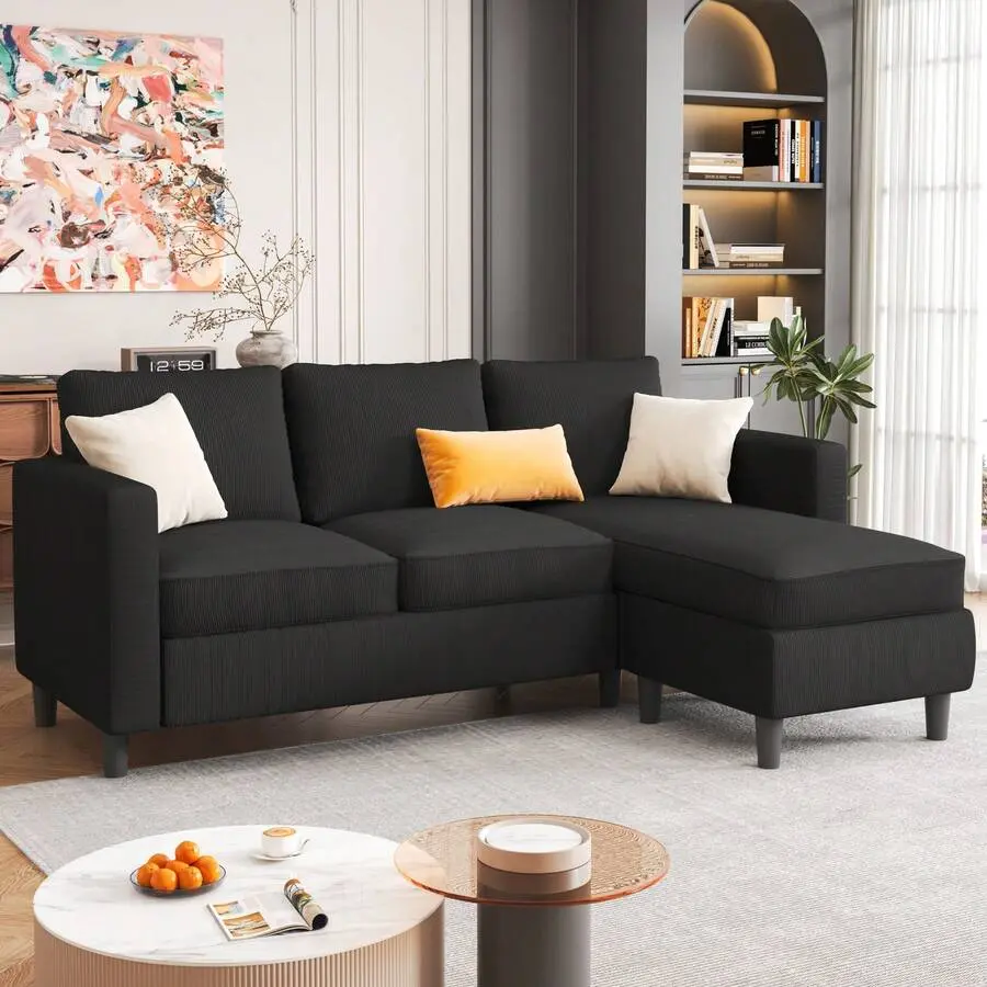3-Seat Convertible L-Shaped Sectional Sofa With Ottoman, Breathable Modular Couch Small Spaces Living Room Apartment