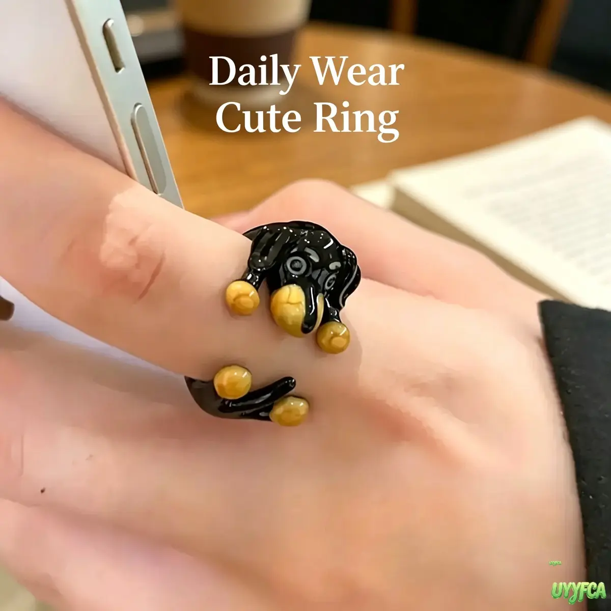 1 PC Cute Dachsh Dog Open Ring, Fun Black And Tan Enamel Animal Finger Ring, Playful Pet‑Themed Accessory For Women, Suitable For Daily Outfits, Casual Gatherings And Themed Events