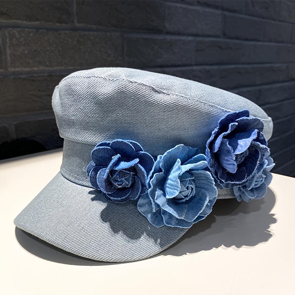 2025 Spring And Autumn Women'S Denim Rose Design Baseball Cap, Octagonal Hat, Beret - A Must-Have For Parties, Dates, Going Out, Outdoor Camping - A Perfect Gift