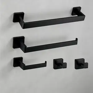 Thick Square Tube Bathroom Storage Set, Stainless Steel Towel Rod, Paper Holder, Multi-Use Hooks, Soap Rack, Cup Holder, 5/7 Pieces
