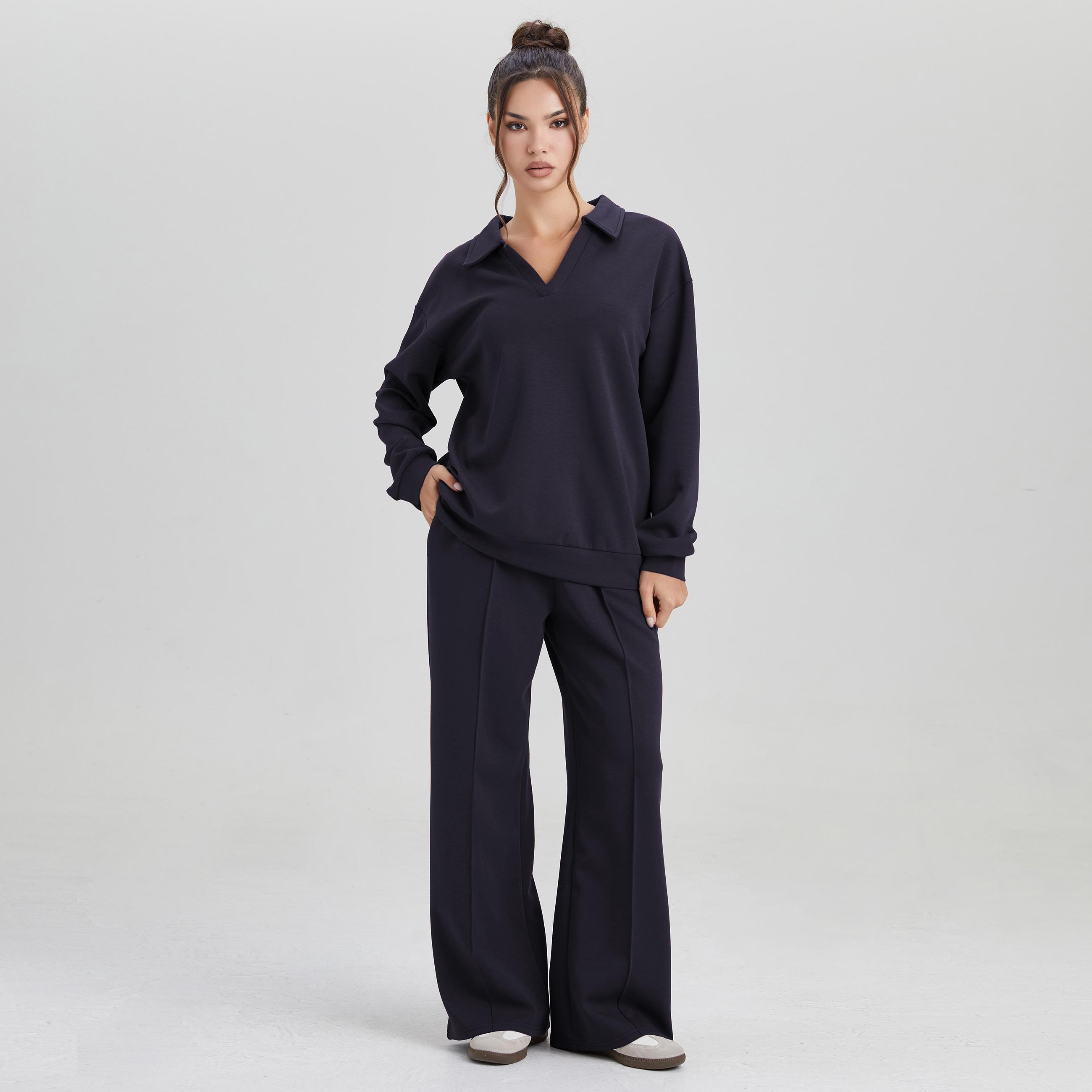 Women's Minimalist Solid Color Split-Neck Sweatshirt, Simple Style Loose Long Sleeve Top, Lady Casual Comfort Outfit