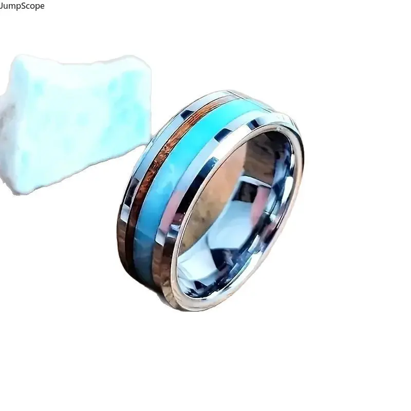 Unisex 8mm MDF+Stainless Steel Simple Band Ring - Wood & Light Blue Turquoise Bezel Inlay, Beveled Edge Comfort Fit, Nature Inspired for Wedding, Everyday Outdoor Leisure
