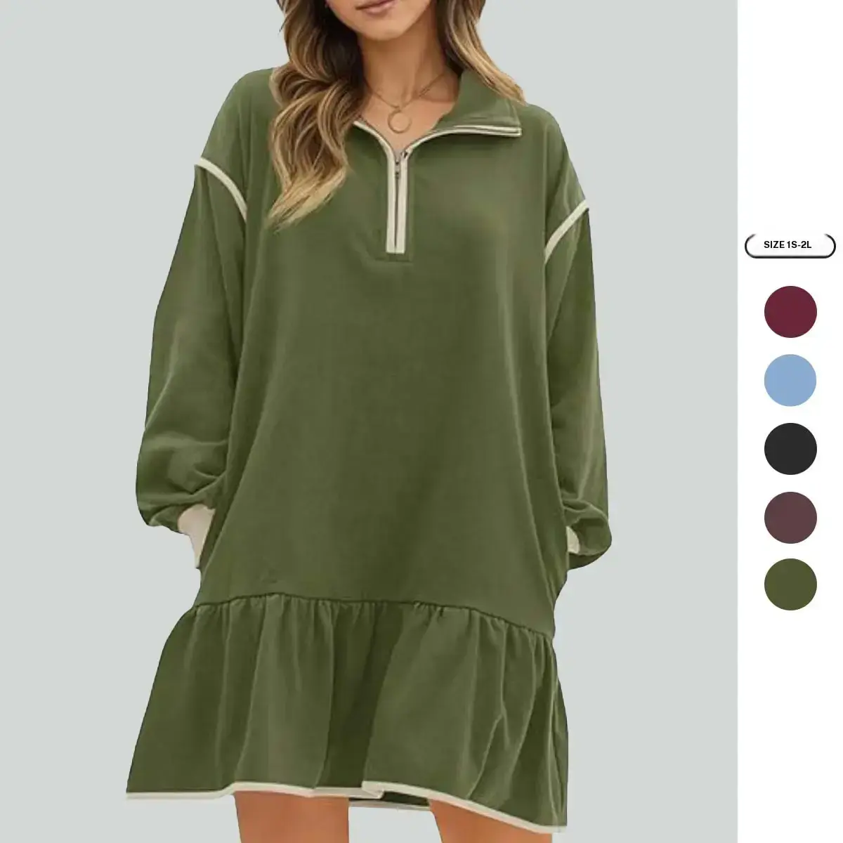 Imily Bela Womens Fall Oversized Sweatshirt Dress Casual Long Sleeve Quarter Zip Ruffle Hem Pullover Mini