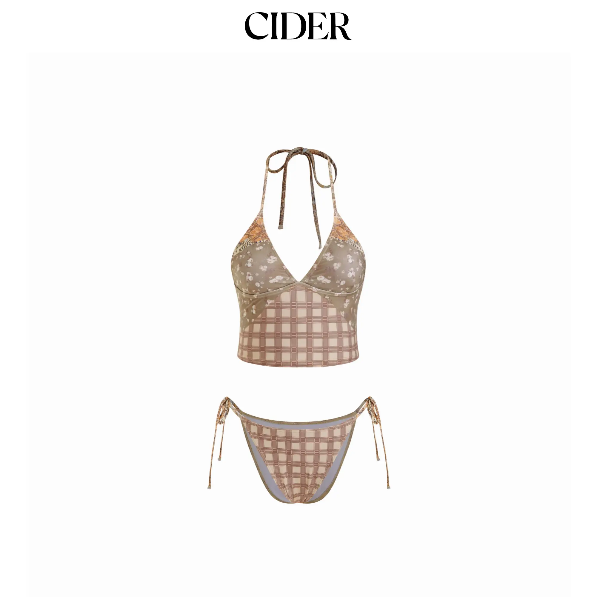 Cider Halter Neckline Floral Gingham Patchwork Bikini Set