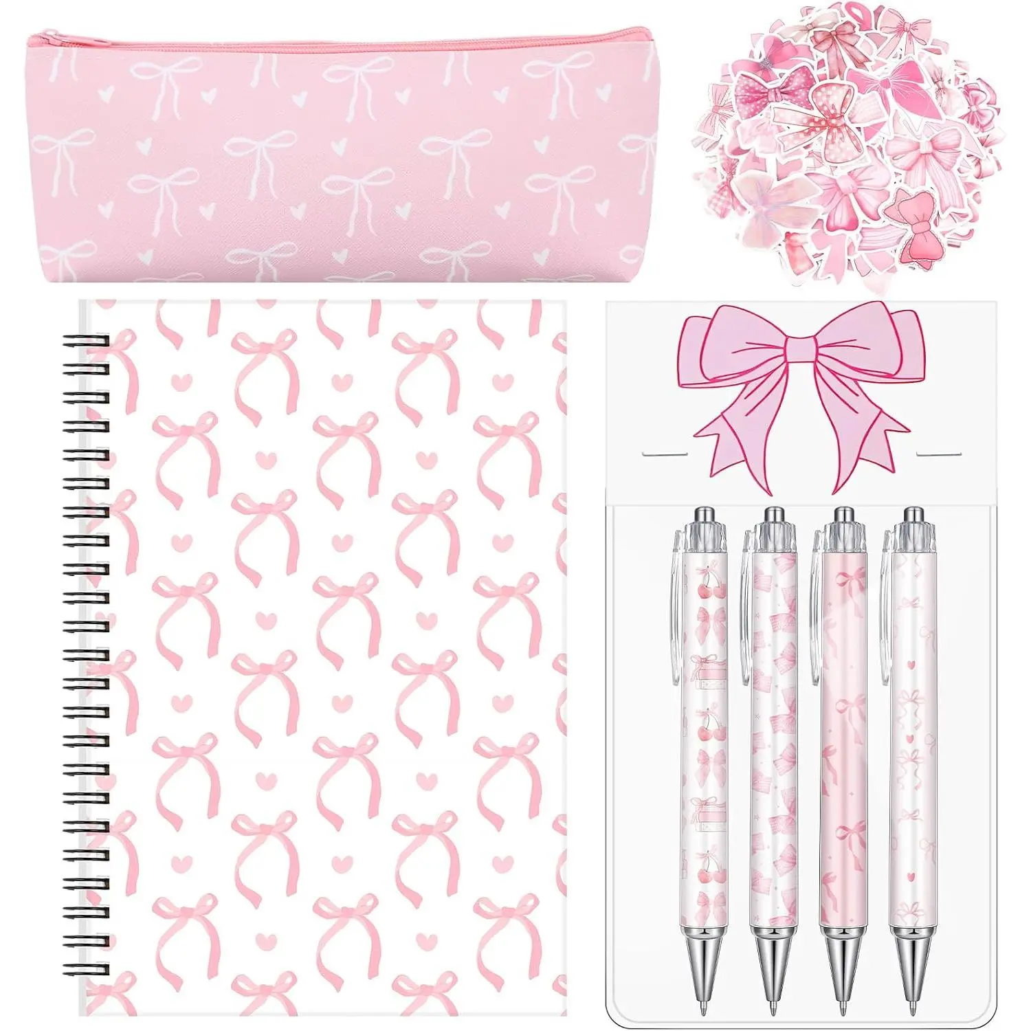 Bow Stationery   School Supplies Set Include Pens Aesthetic Journal Notebook Pencil Case and Stickers  Bow Preppy  to School Supplies for Girl Students