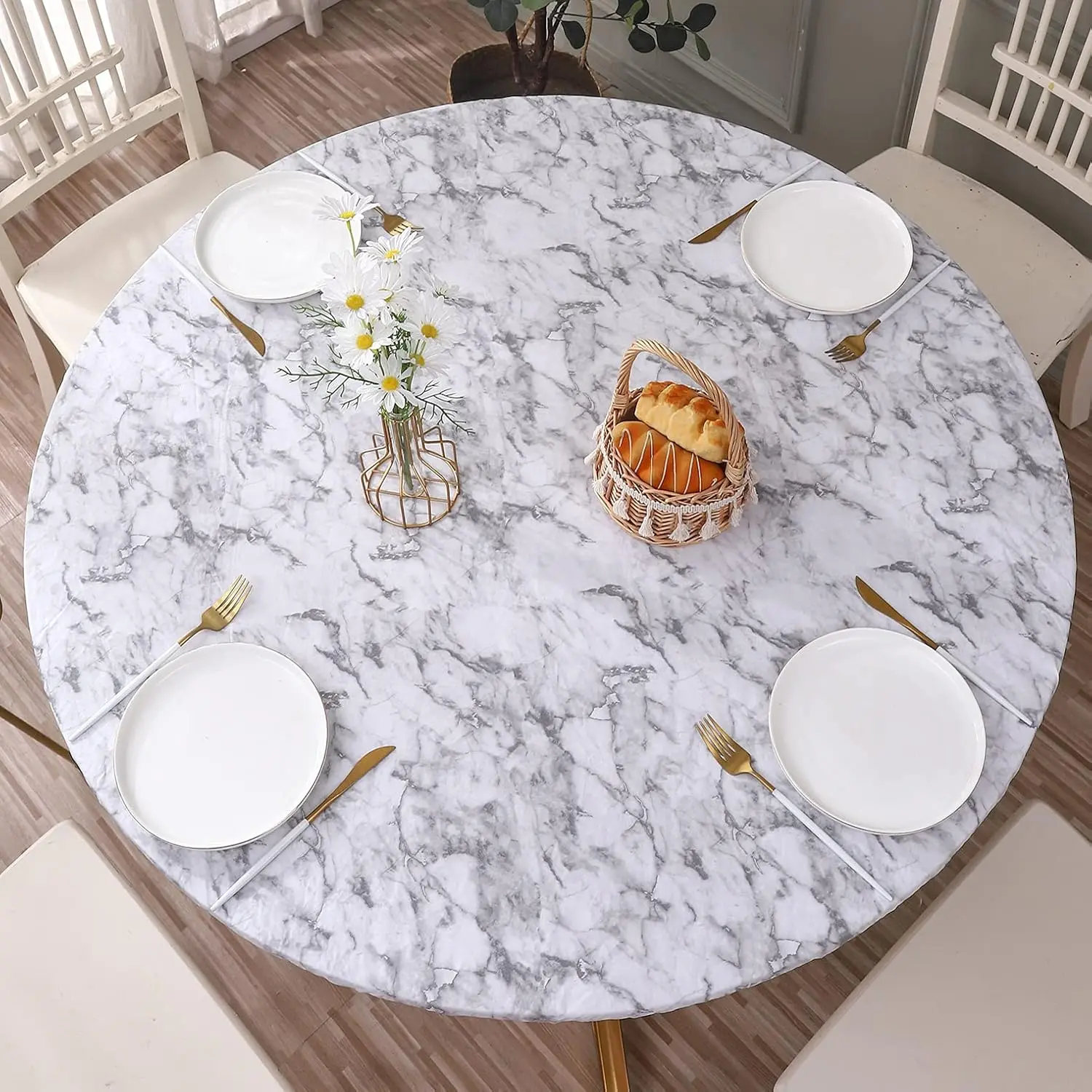 Round Vinyl Fitted Tablecloth with Flannel Backing Elastic Edge Design, Waterproof Oil-Proof Stain-Resistant PVC Table Cover, Perfect for 37"-44" Round Tables