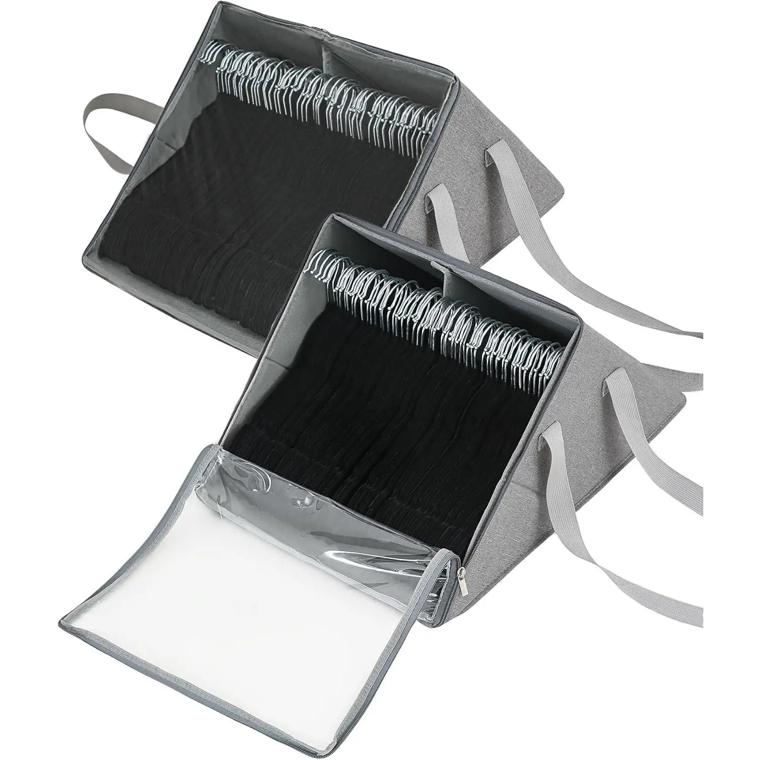 Qozary 2 Pack Upright Clothes Hanger Organizer Bag for Tangle-Free - Dual Compartments Hanger Storage Containers with Clear Cover for Closet Laundry Room, Foldable Organizer with Carry Handle