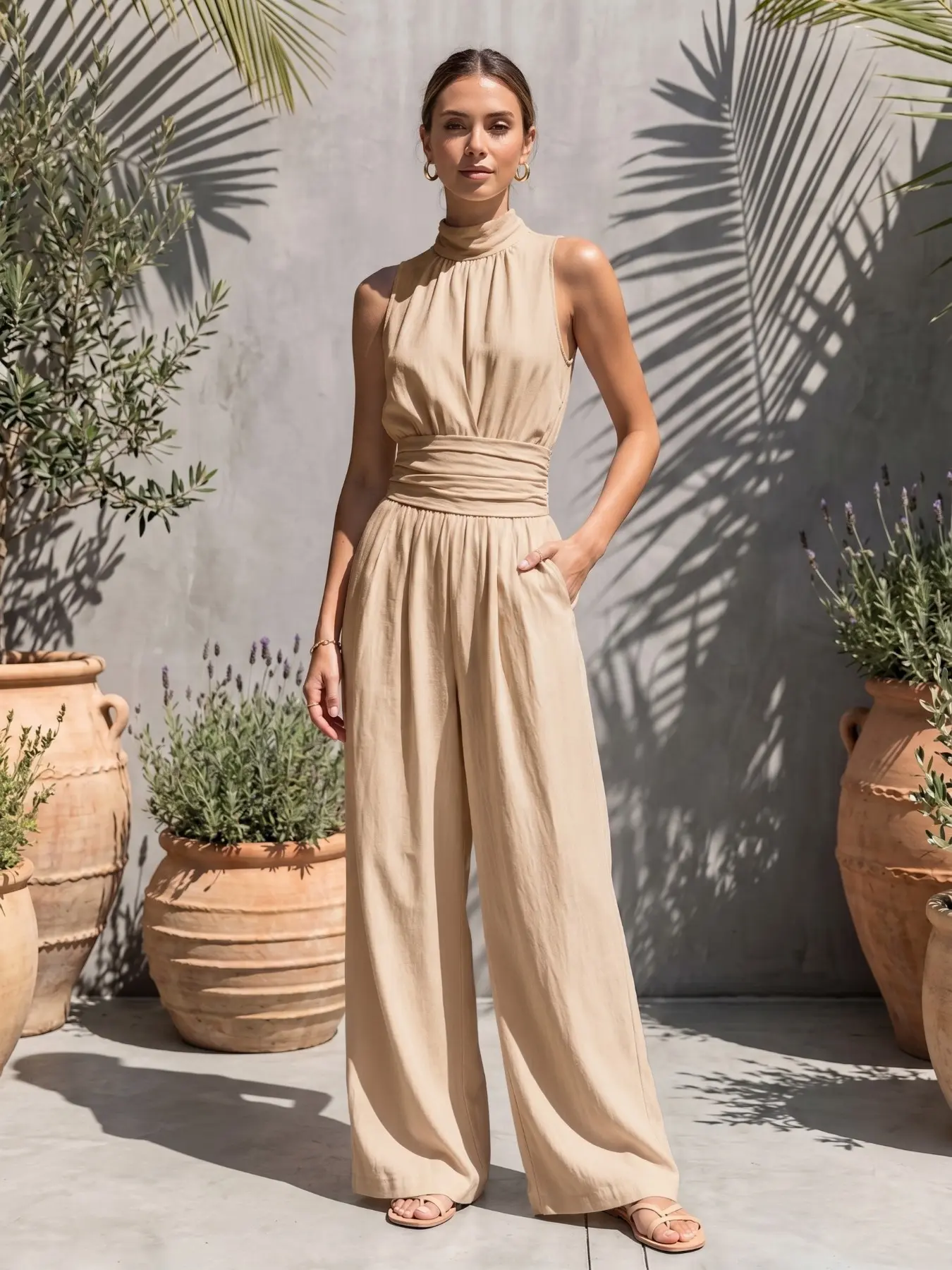 Women's Half High Neck Sleeveless Solid Color Flowy Wide Leg Romper, Spring Summer Fashion Casual Waist Belt Ruched Pocket High Waist Comfortable Romper