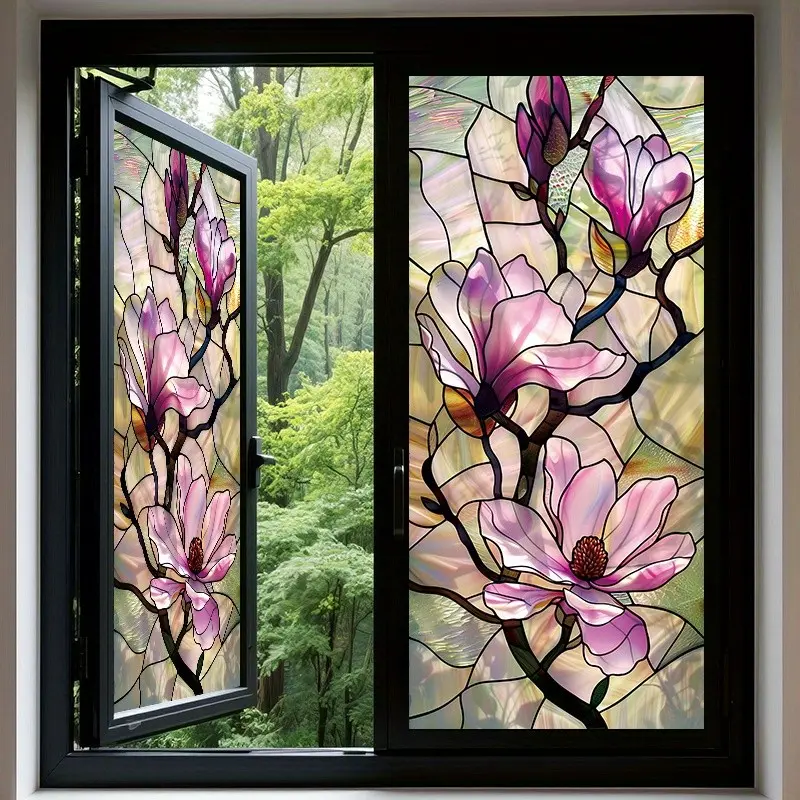 2D Flat Magnolia Window Film, Matte PVC Electrostatic Sticker, Translucent Decorative Film, Home Office Kitchen Bathroom Decor