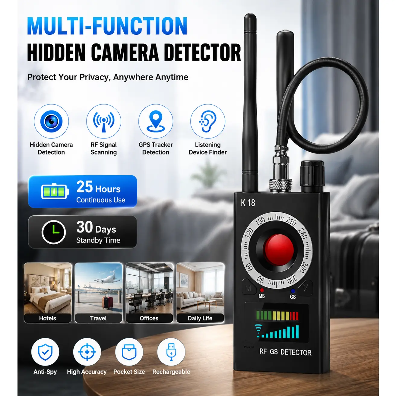 Upgraded Multi-Function Hidden Camera Detector with RF Signal Scanner, GPS Tracker Locator and Listening Device Finder, Rechargeable Anti-Spy Bug Sweeper with 25-Hour Continuous Operation and 30-Day Standby for Hotels, Travel, Offices and Everyday Privacy