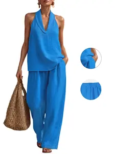 All Season Comfort 2 Piece Loungewear, Deep V Halter Sleeveless Top, Pull on Wide Leg Pants, Breathable Fabric for Night & Day, Pajama Set, loungewear set