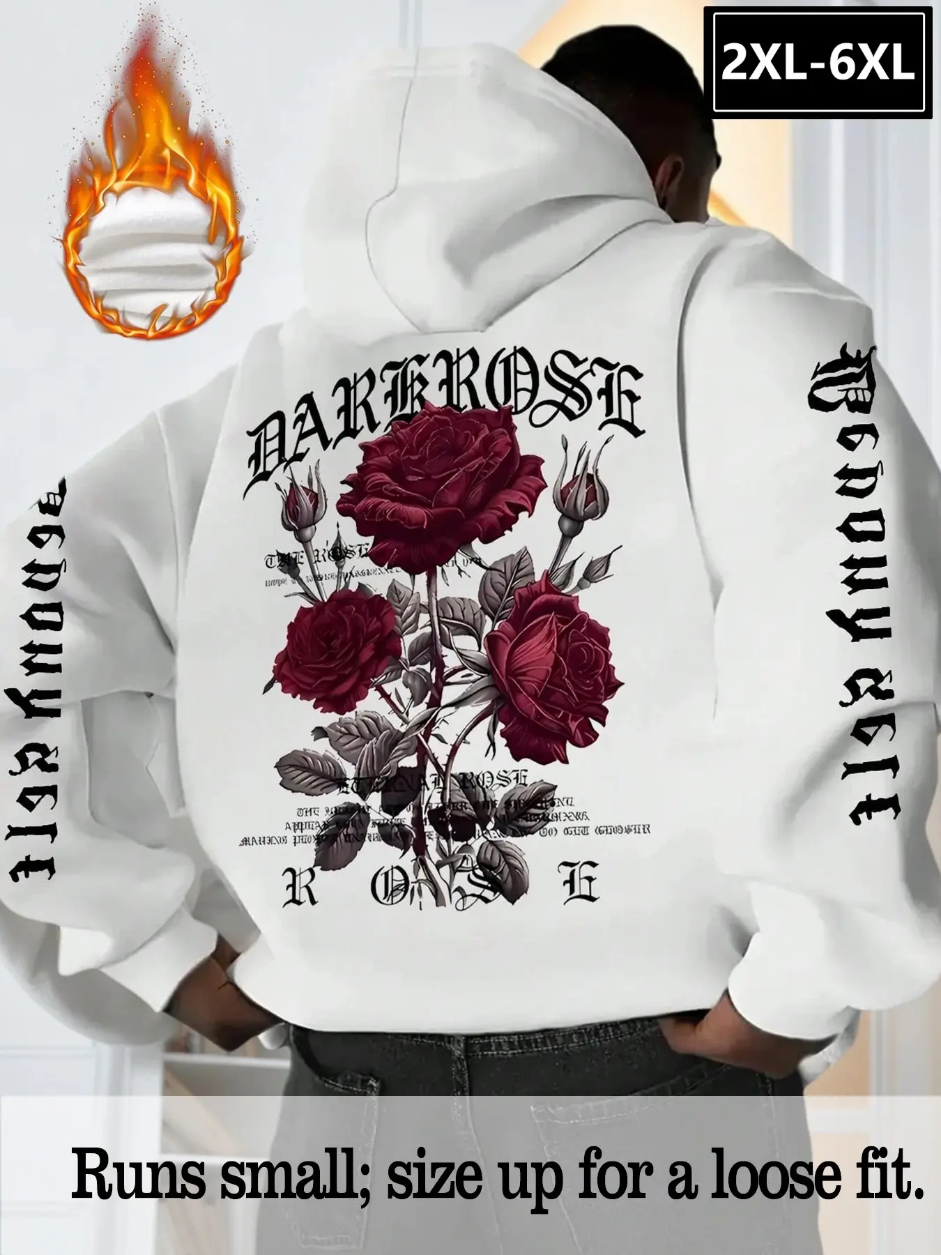 Plus Size Men's Gothic Rose Print Hoodie, Loose Fit, Warm and Comfortable, Streetwear Fall Winter Fashion, Sizes 2xl-6xl