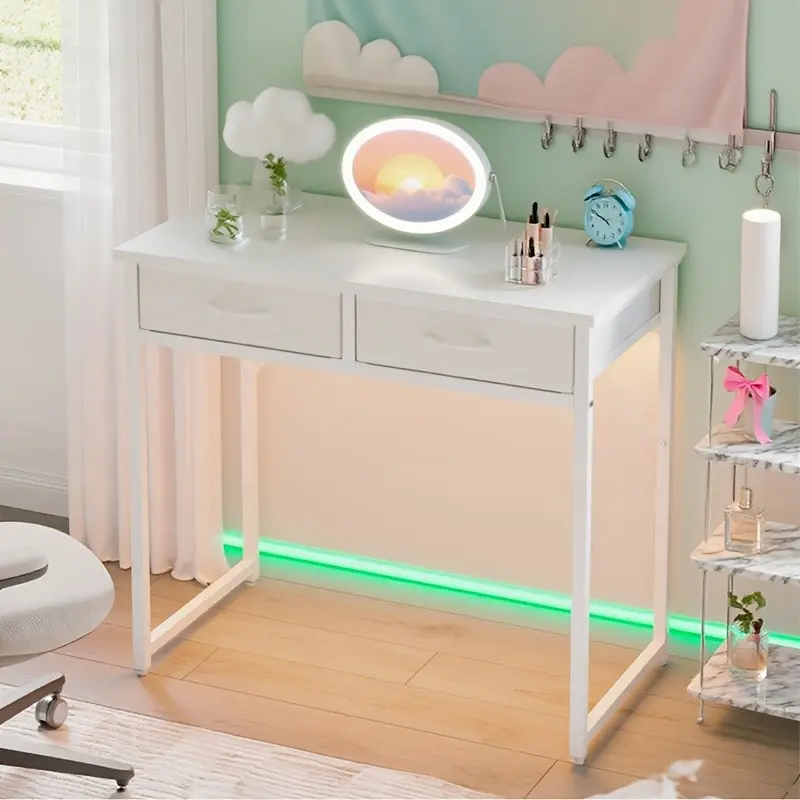 Vanity Small Desk with Light - Fiber Drawers & Adjustable, Easy Assembly, Laptop In Home, Study Or Work, Adjustable