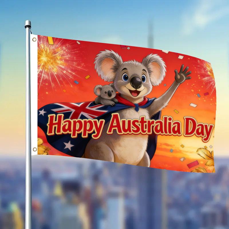1-Pack 2D Flat Style Flag Featuring Cape with Kangaroo Mother & Australian National Flag, Decorated with Fireworks and Confetti - 2D Flat Printed National Day Theme Design - 3x5 Ft Single-Sided Hanging with Double Grommets
