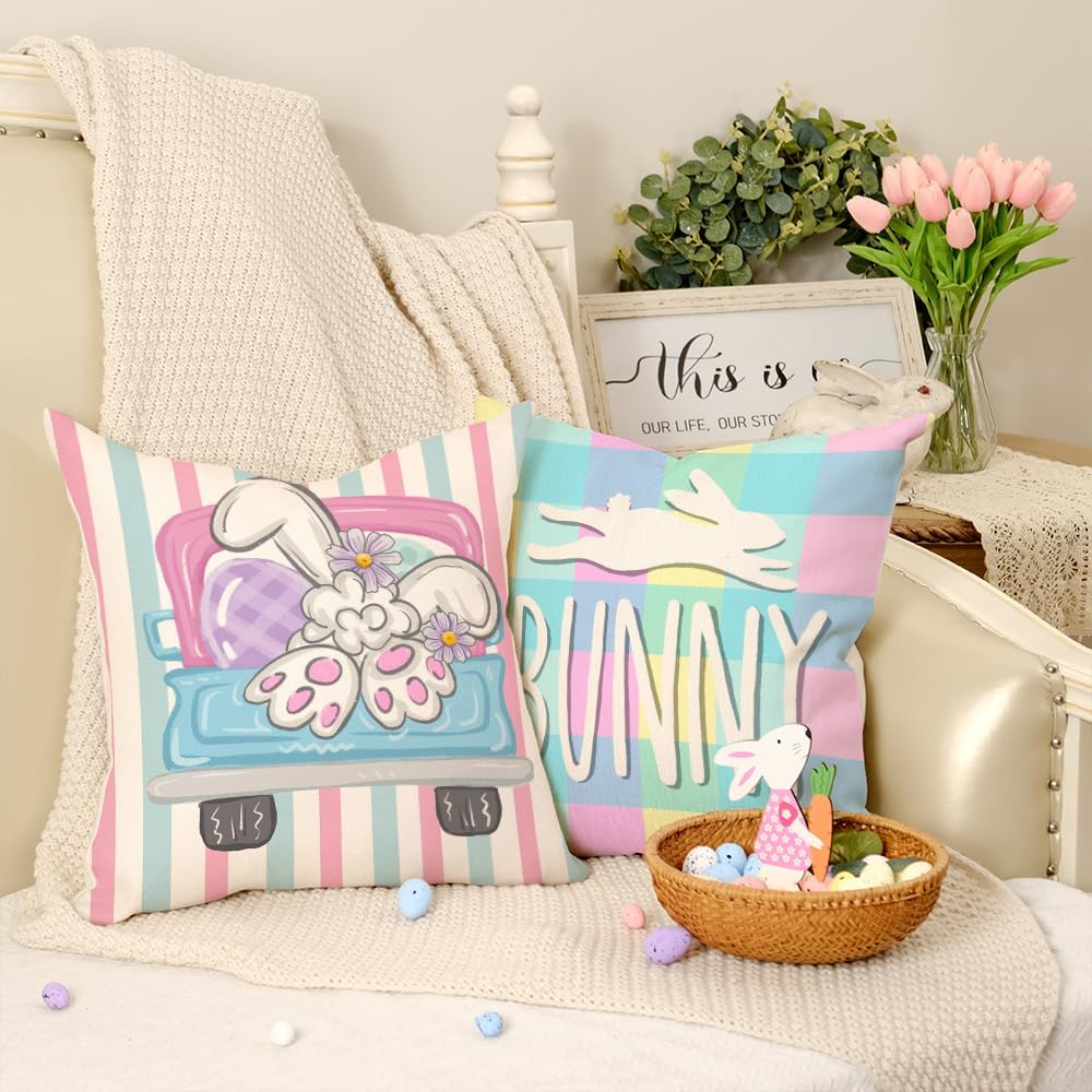 Easter Themed Cushion Cover, 4 Counts/set Cute Rabbit Egg Pattern Throw Pillow Cover, Household Decoration Supplies for Home Living Room Sofa